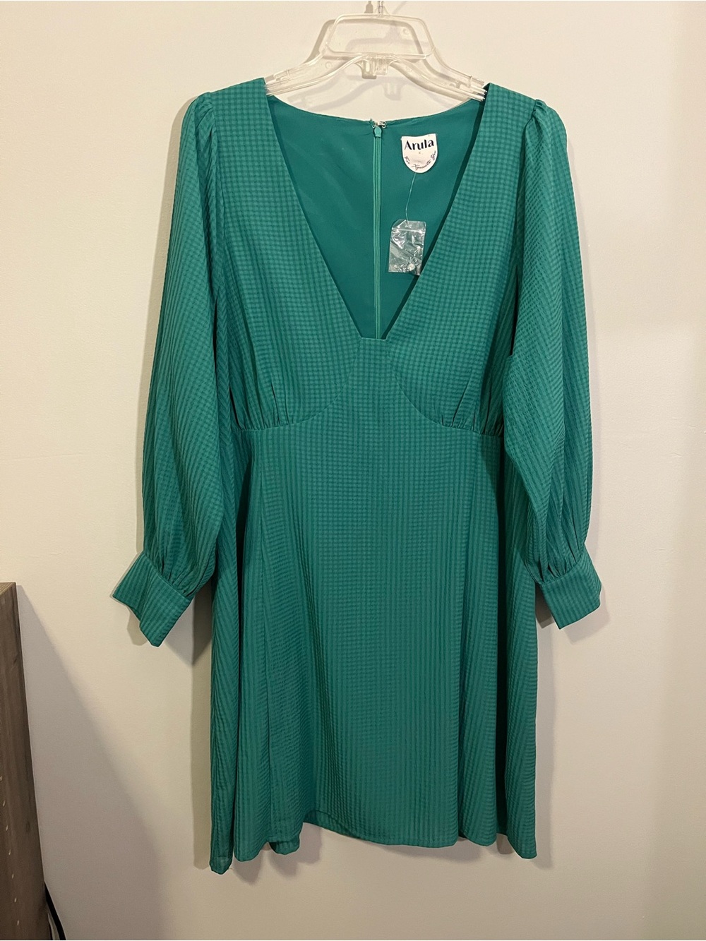 ARULA Teal Green Textured V-Neck Long Sleeve A-Line Dress